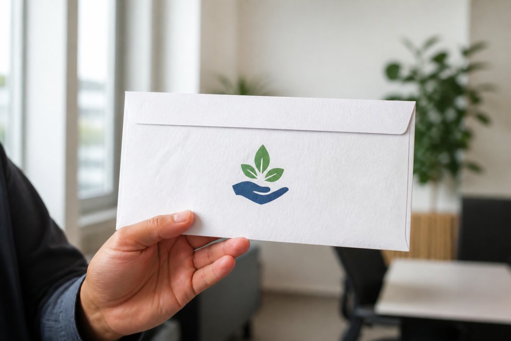 A close-up of a custom-printed Tyvek envelope with a company logo, held by a person in a bright office setting, showing the crisp print quality and durable material