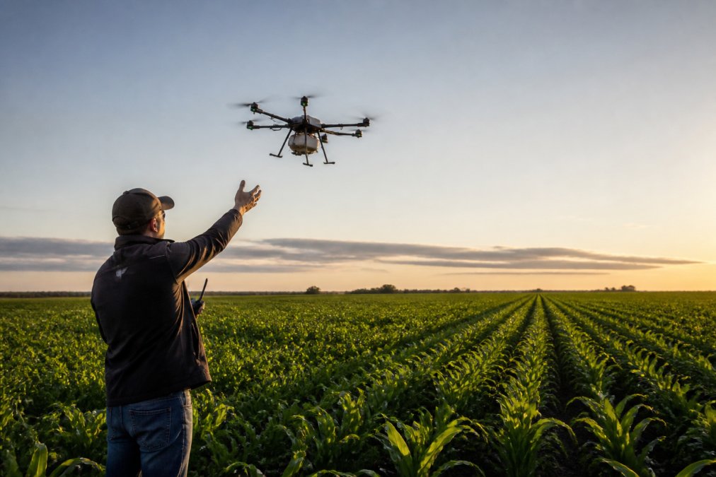 Professional operator launching a drone over corn fields for UAV technology advancements in agriculture 2026.