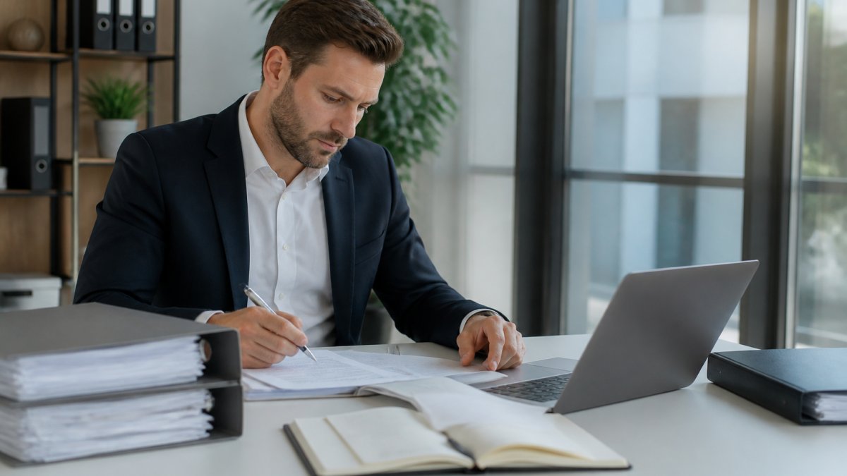 A business professional in a modern office reviewing corporate documents and entering data on a laptop, with a notepad and pen beside the keyboard, daylight through large windows