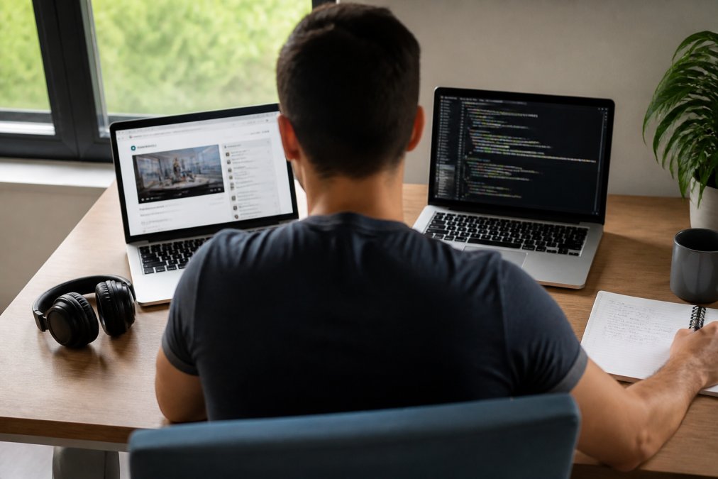 Persona sentada ante un escritorio con dos portátiles abiertos, uno mostrando un panel de curso online y otro con código en pantalla, auriculares y libreta cerca, luz natural de ventana