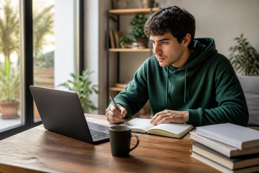 Persona joven estudiando programación en un portátil sobre una mesa de madera junto a una ventana, con cuaderno y taza de café, ambiente luminoso y motivador