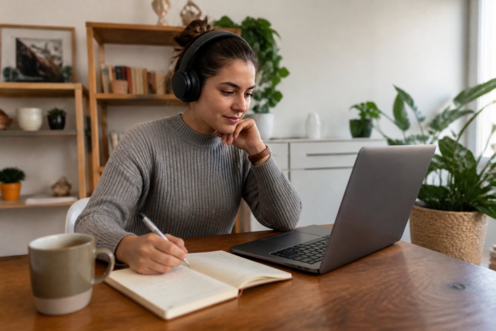 Una estudiante adulta con auriculares sigue una lección de programación en un portátil, con un cuaderno de apuntes abierto y una taza de café en una mesa ordenada