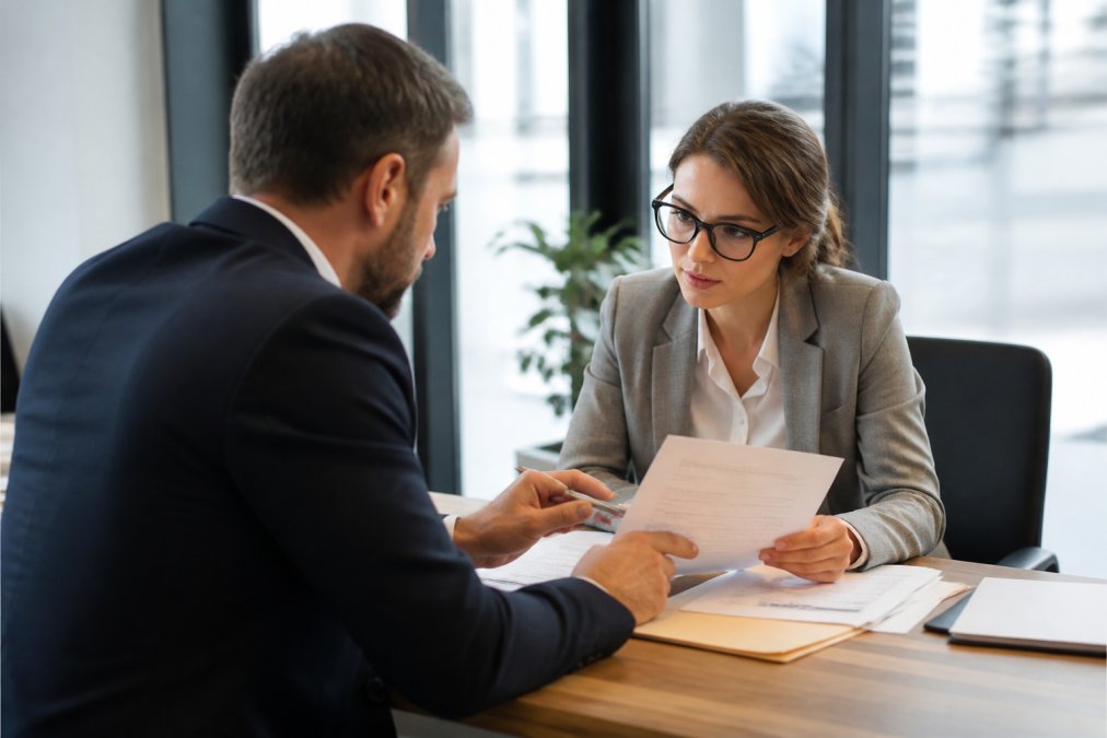 Professional meeting between business owner and bank representative at desk, reviewing documents and discussing account requirements in modern banking environment with natural lighting