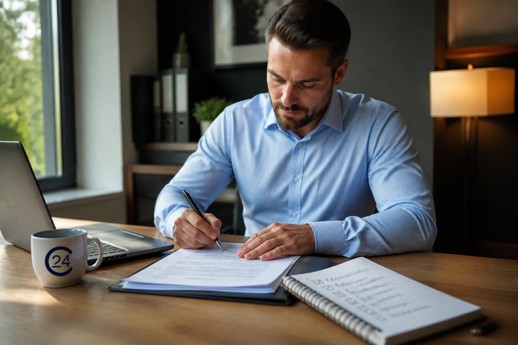 Geschäftsmann in Hemd unterzeichnet Gründungsunterlagen an einem aufgeräumten Schreibtisch, daneben ein aufgeklappter Laptop und ein Notizbuch mit handschriftlicher Checkliste, warmes Bürolicht
