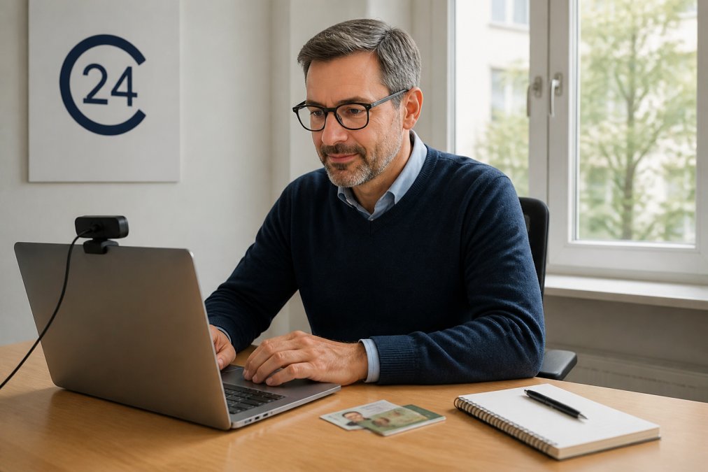 Person vor einem Laptop bei der notariellen Online-Beurkundung, um eine UG gründen ohne Notar vor Ort zu können.