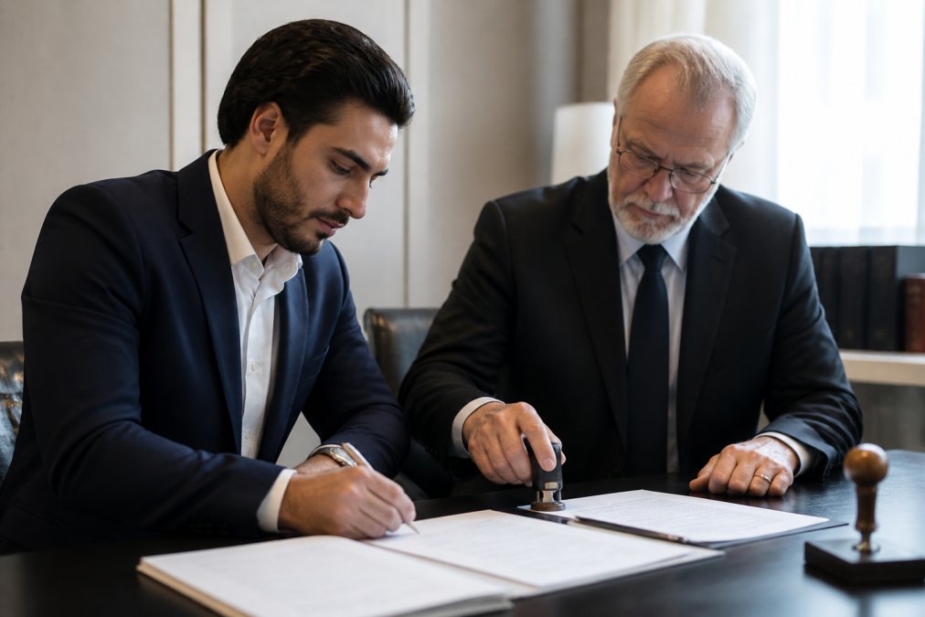 Geschäftsführer und Notar bei der Unterzeichnung von Gründungsdokumenten an einem Schreibtisch mit Dokumenten, Stempel und formalen Papieren in hellem Bürolicht