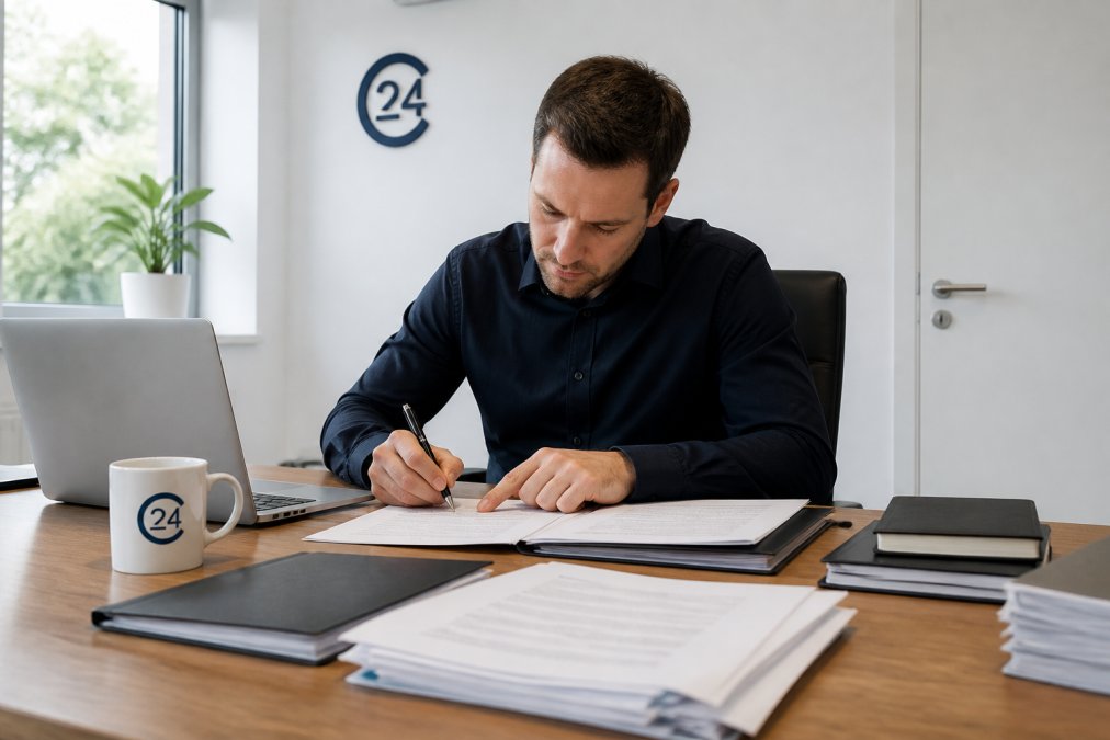 Gründer sitzt konzentriert am Schreibtisch mit Laptop, Gesellschaftsvertrag und Dokumenten, arbeitet an UG-Gründungspapieren
