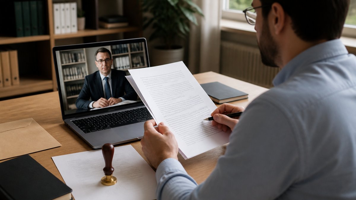 A founder sitting at a desk with a laptop, reviewing printed incorporation documents and a notary seal on paper, with a video call open on the screen showing a notary