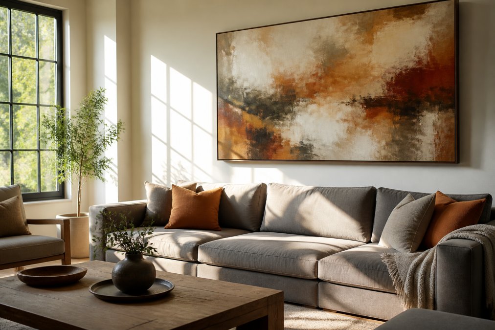Modern living room with a large abstract painting in warm earth tones hung above a gray sofa, natural sunlight streaming through windows illuminating the canvas and complementing the minimalist interior design