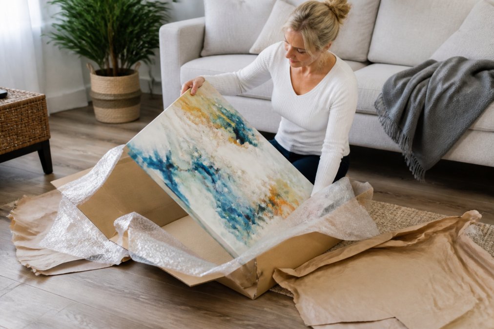 Person carefully unboxing an abstract painting delivery in a bright home interior, inspecting the canvas for damage while surrounded by protective packaging materials and kraft paper