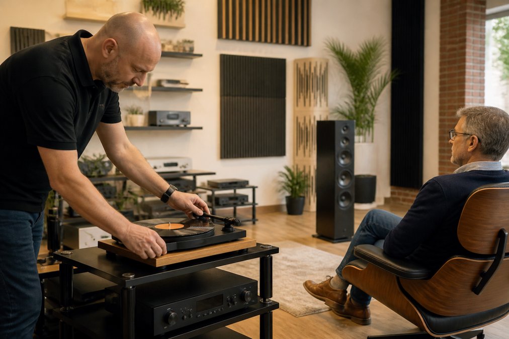 Staff member adjusting a turntable for a customer in a UK hifi store demonstration room