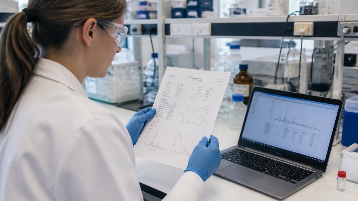 Researcher reviewing a peptide COA document in a lab to help buyers evaluate peptide suppliers.