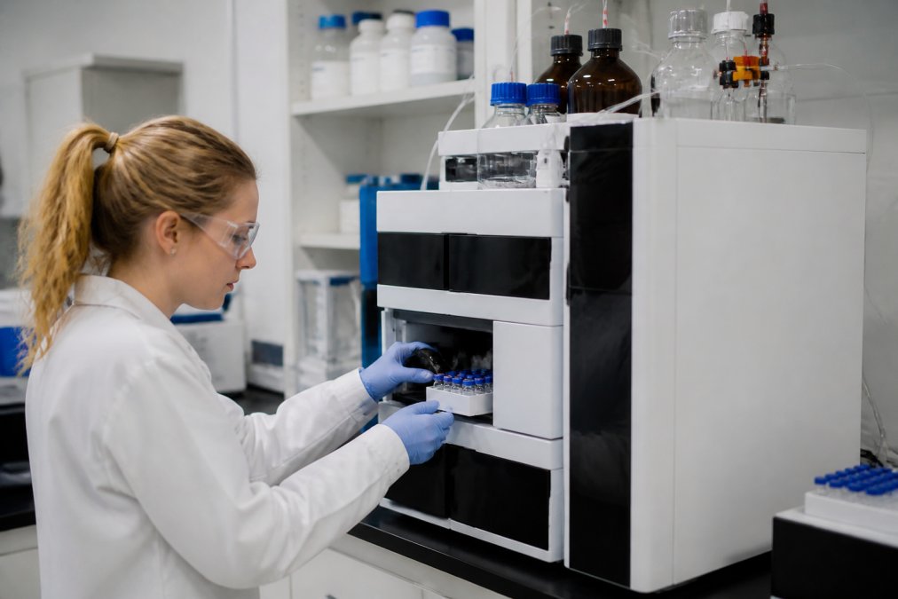 Professional laboratory technician preparing samples at an HPLC instrument with digital display and connected vials in a modern research facility with controlled lighting
