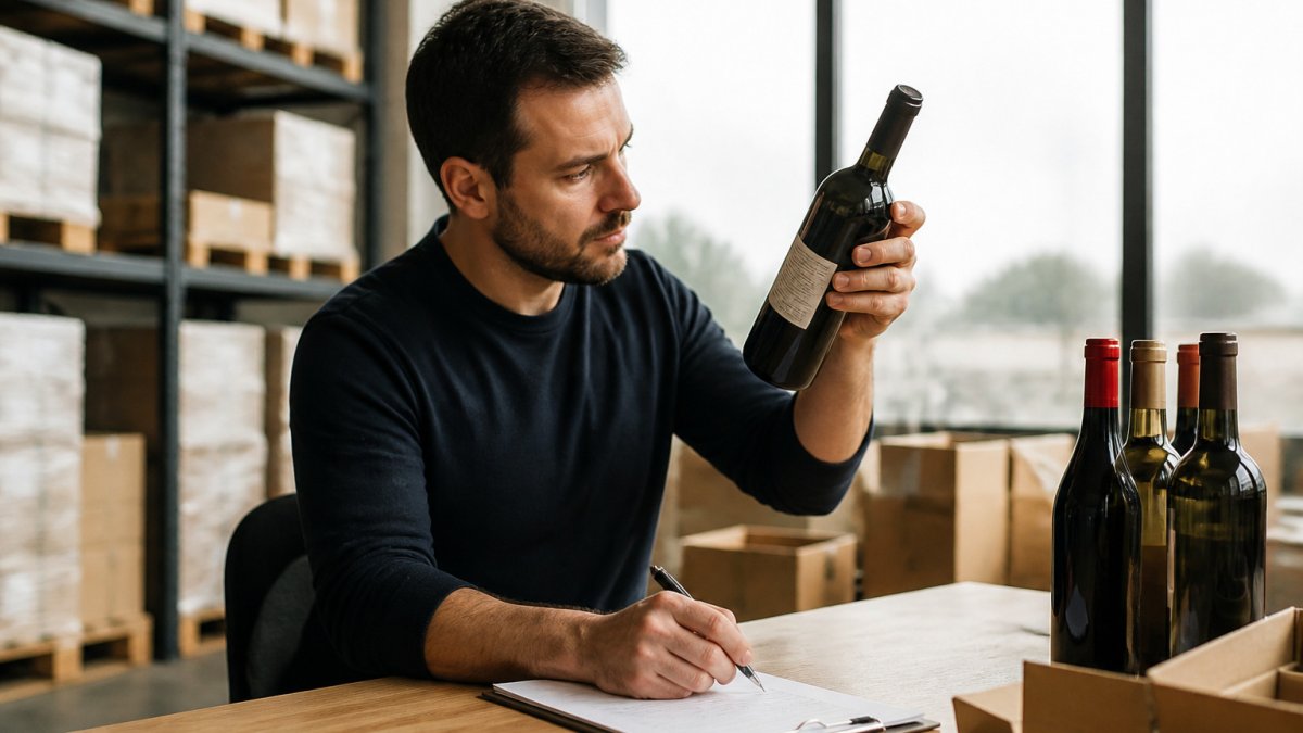 Wine importer checking a bottle back label against a compliance checklist in a warehouse office