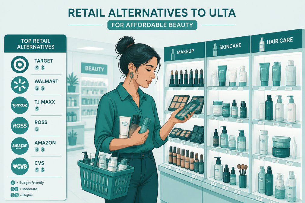Person browsing and examining makeup products on well-lit retail shelves, holding multiple items and comparing packaging in a bright, organized beauty section