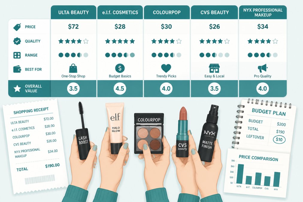 Close-up of hands comparing multiple makeup products side by side on a white surface, with shopping receipts, budget notes, and price comparison lists visible nearby