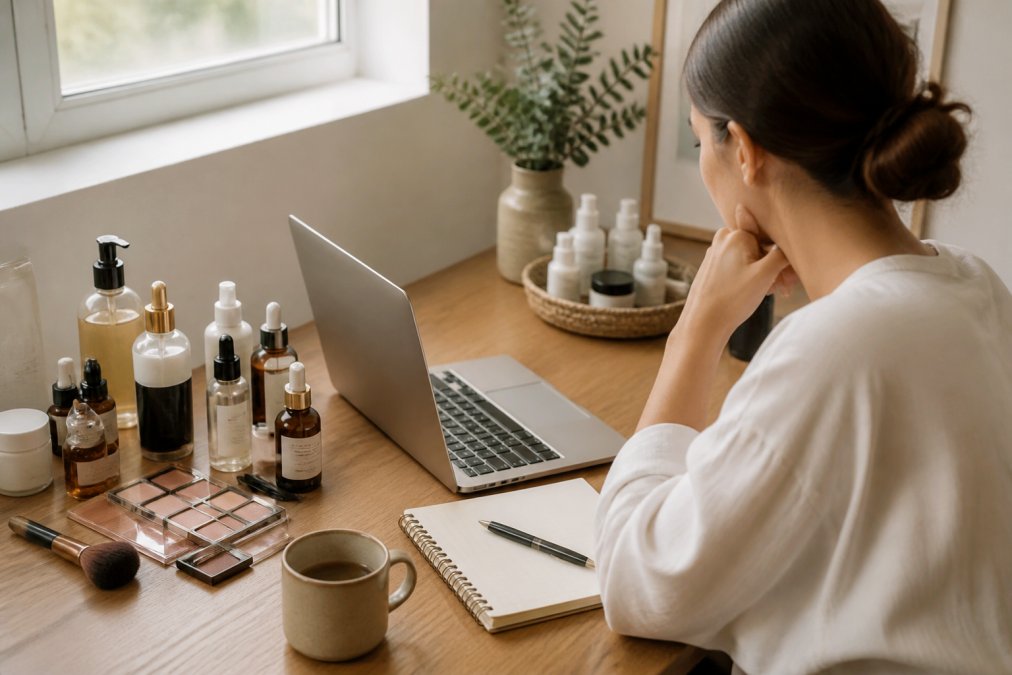 Person browsing beauty products on a laptop, surrounded by skincare bottles and makeup palettes in natural window lighting, with a notebook and coffee nearby