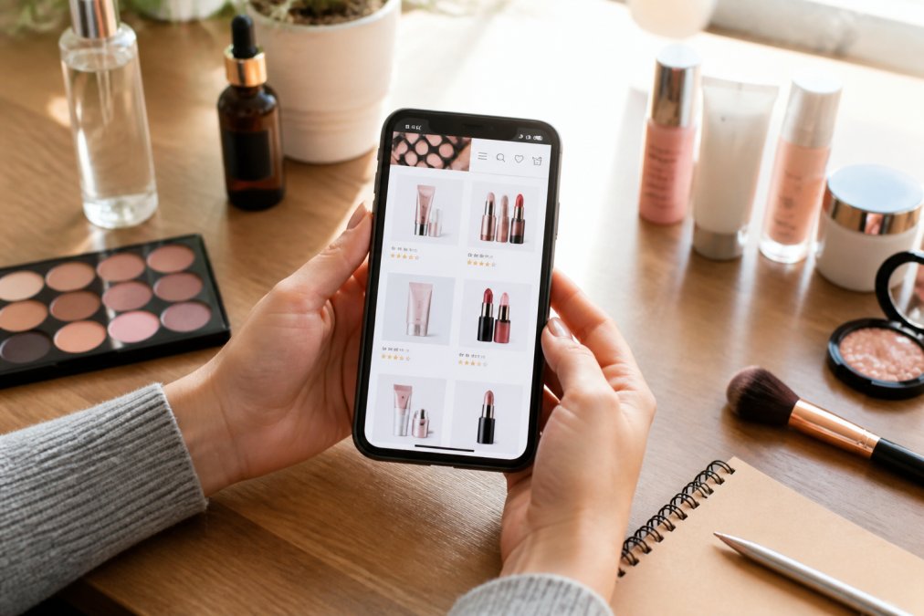 Hands holding a smartphone displaying a beauty retailer website with product listings, surrounded by skincare bottles, makeup palettes, and a notebook on a wooden desk with natural lighting