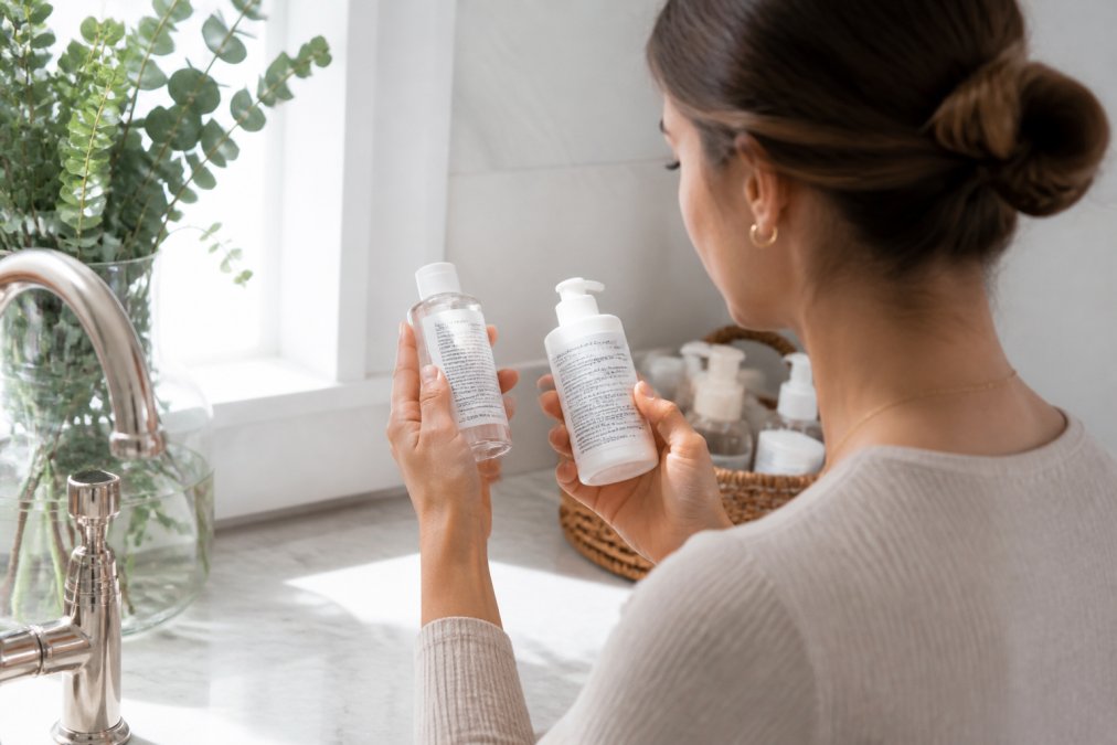 A woman in a bright bathroom holding two skincare bottles side by side, comparing ingredient labels under natural light