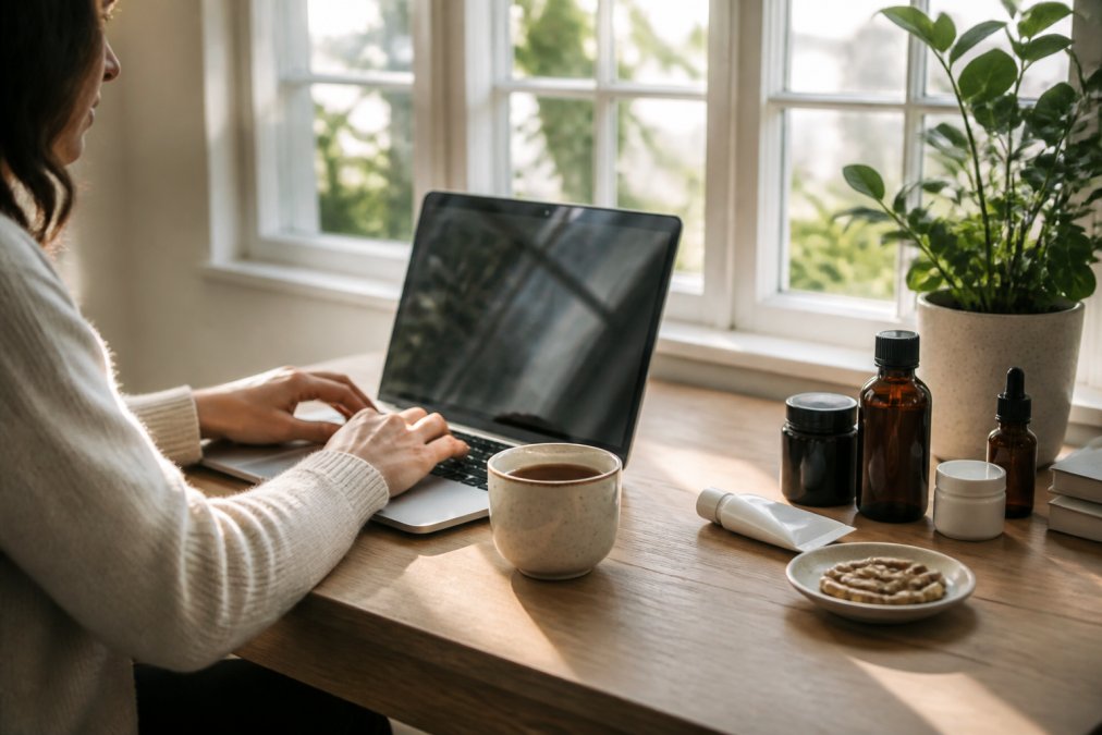Customer browsing wellness products on laptop at home with cup of tea, skincare items, and supplements arranged on wooden desk with natural daylight streaming through window