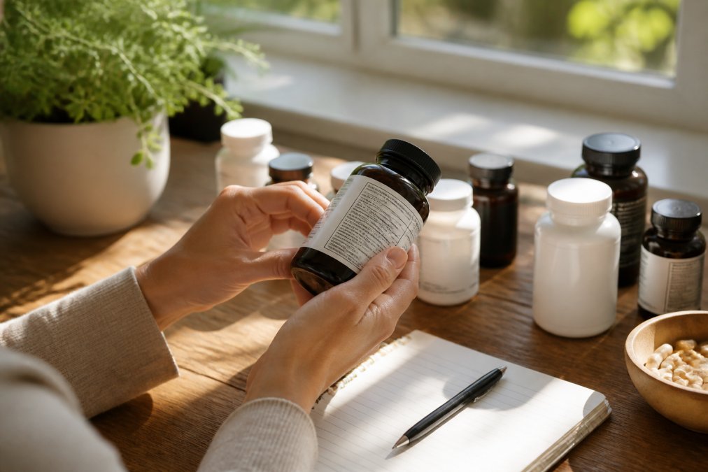 Close-up of hands reading detailed product labels and ingredient lists on supplement bottles in natural daylight from window, with wellness products arranged on wooden surface