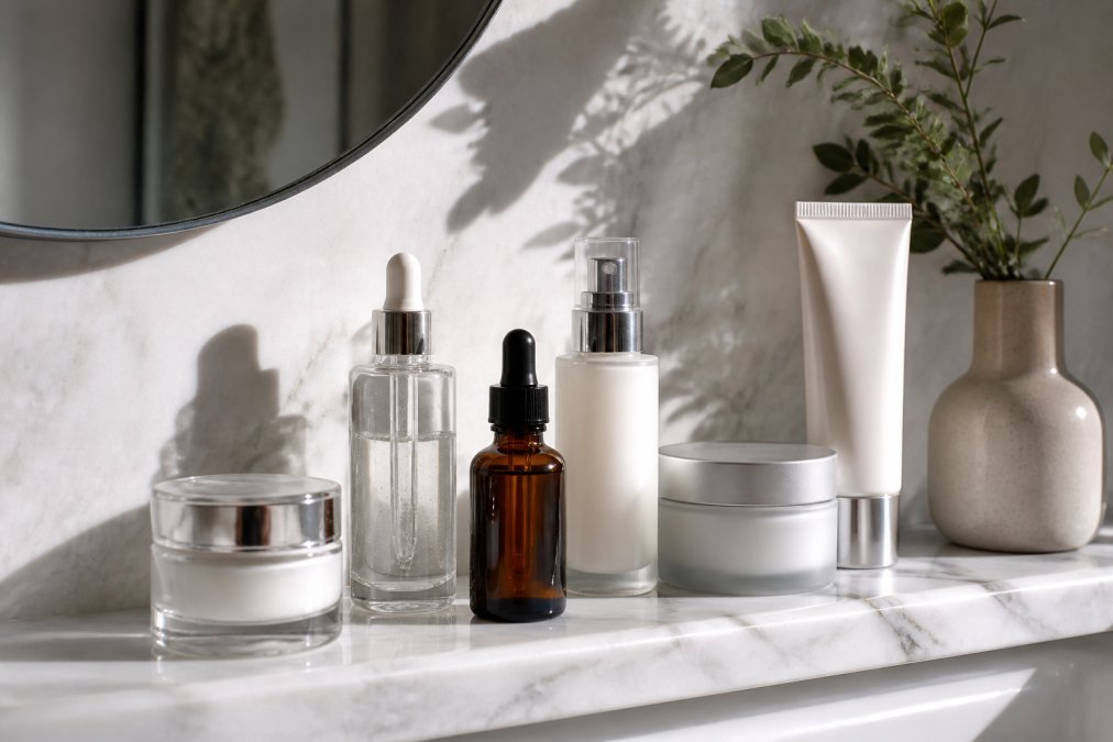 Close-up of several premium skincare serums and moisturizers with clean minimal packaging arranged neatly on a white marble bathroom shelf under soft natural light