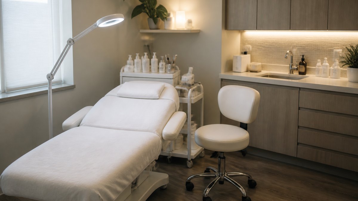 Professional esthetician workspace with electric treatment table, adjustable esthetician chair, organized storage cart with supplies, ambient LED lighting, and clean countertop setup in modern medical spa treatment room