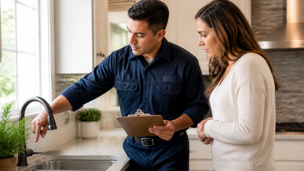 A uniformed home service technician with a clipboard inspecting a kitchen fixture in a well-kept suburban home, homeowner standing nearby reviewing a service report, soft afternoon light through the window