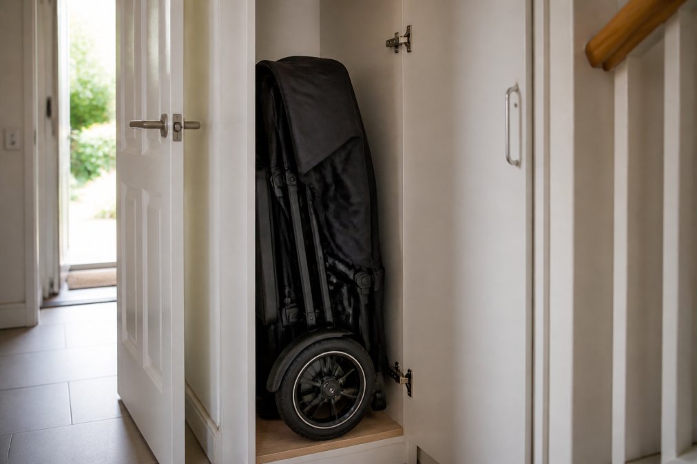 A folded ultra lightweight powerchair stored vertically in a narrow hallway cupboard, leaning against a wall with a protective cover partially on, soft daylight from an open door