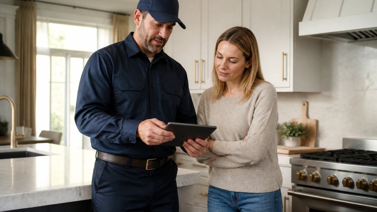 Professional home service technician in uniform reviewing digital service report on tablet with homeowner in modern residential kitchen, natural window lighting