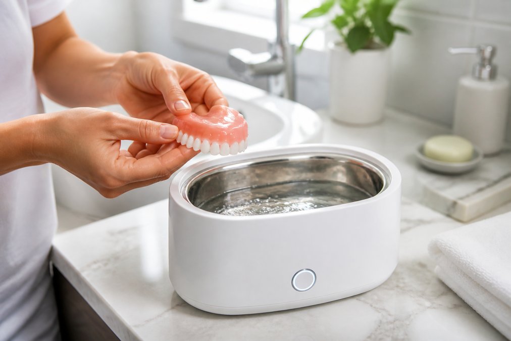 Hände halten eine glänzende Zahnprothese über einem modernen Ultraschallbad mit klarem Wasser, im Hintergrund ein helles Badezimmer mit natürlichem Licht