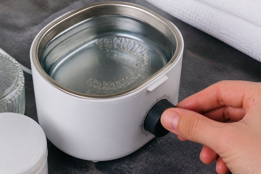 Nahaufnahme einer durchsichtigen Zahnschiene, die in ein Ultraschallbad mit klarer Flüssigkeit gelegt wird, während eine Hand das Gerät bedient und die Timerfunktion einstellt