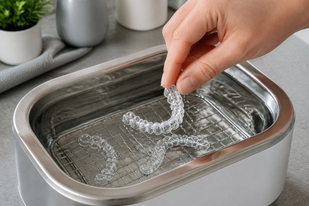 Nahaufnahme einer durchsichtigen Zahnschiene, die von einer Hand vorsichtig in einen modernen Ultraschallreiniger mit Wasser platziert wird, der Behälter ist aus Edelstahl und hat eine helle Innenseite