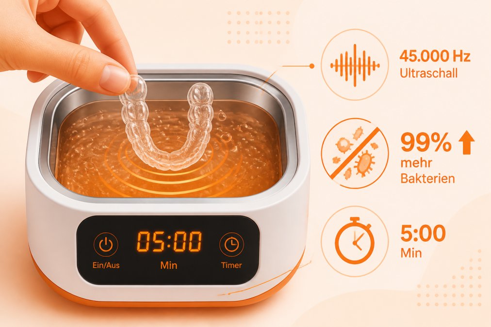 Close-up of a clear retainer being inserted into an ultrasonic cleaning device with cleaning solution visible inside, showing the device's digital timer display and control buttons in a bright bathroom setting