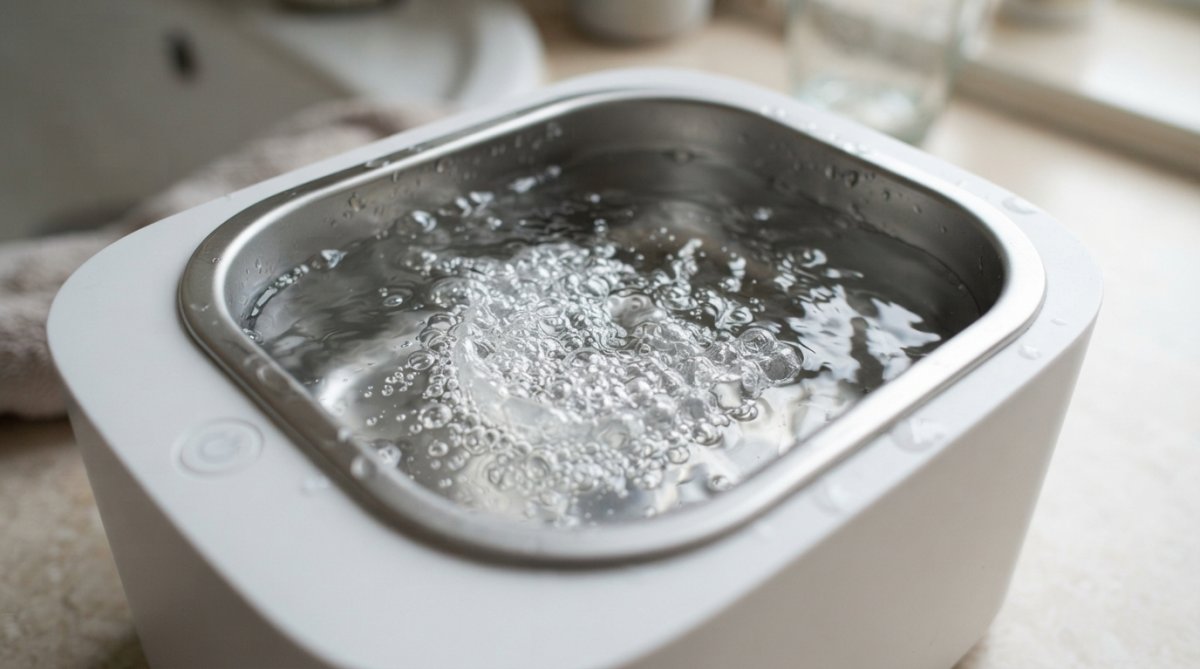 Nahaufnahme einer Zahnschiene in einem Ultraschallbad mit sichtbaren feinen Wasserblasen und schimmerndem Licht um das Gerät