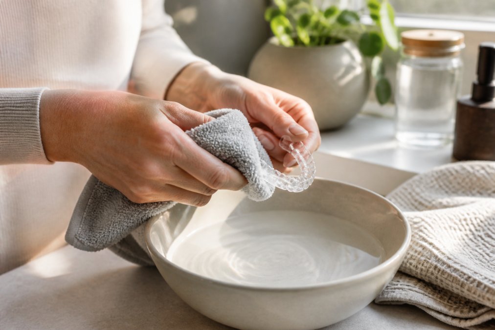 Hände, die sorgfältig eine Zahnschiene mit weichem Mikrofasertuch und warmem Wasser in einer flachen Schüssel reinigen, während sanftes natürliches Licht die Szene beleuchtet