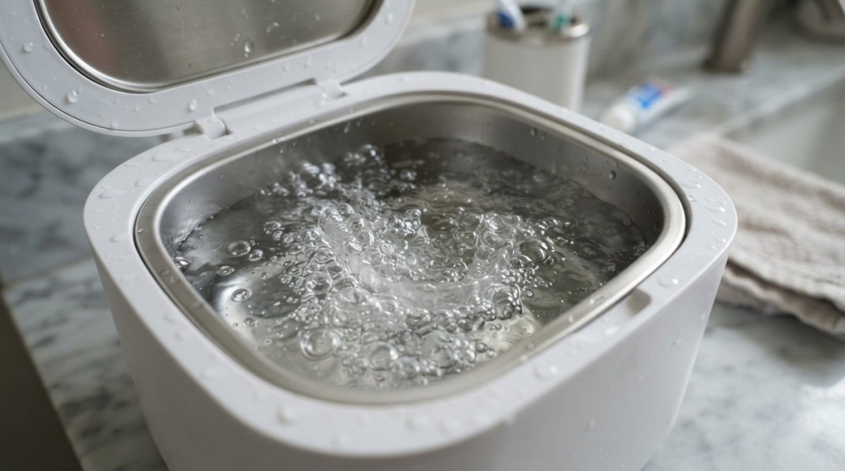 Nahaufnahme eines klaren Ultraschallbads mit einem Retainer, der in Wasser eingetaucht ist, während das Gerät läuft und feine Blasen sichtbar sind
