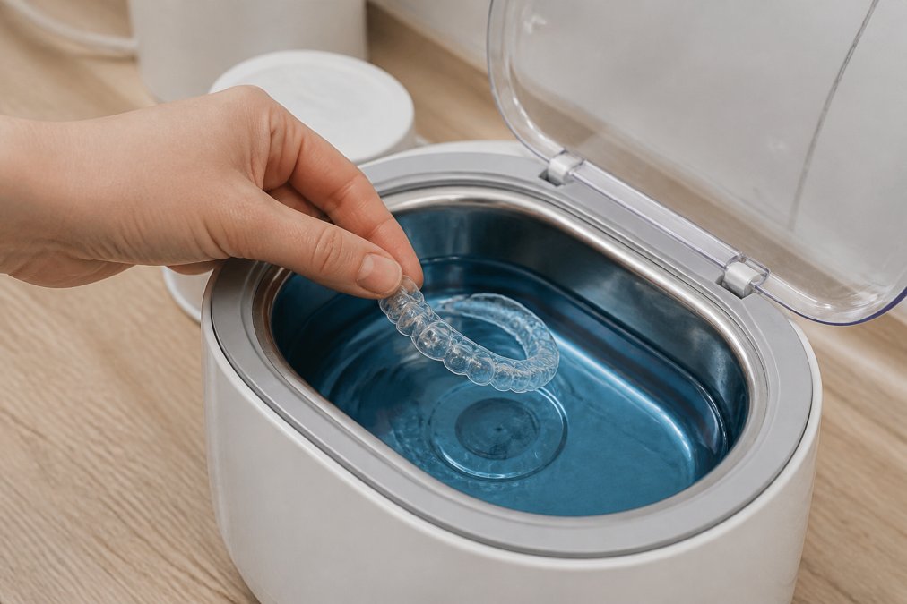 Eine Zahnschiene wird vorsichtig in ein Ultraschallbad mit klarer Flüssigkeit gelegt, Nahaufnahme der Geräteöffnung mit Wassertank aus Edelstahl und leuchtender blauer Flüssigkeit