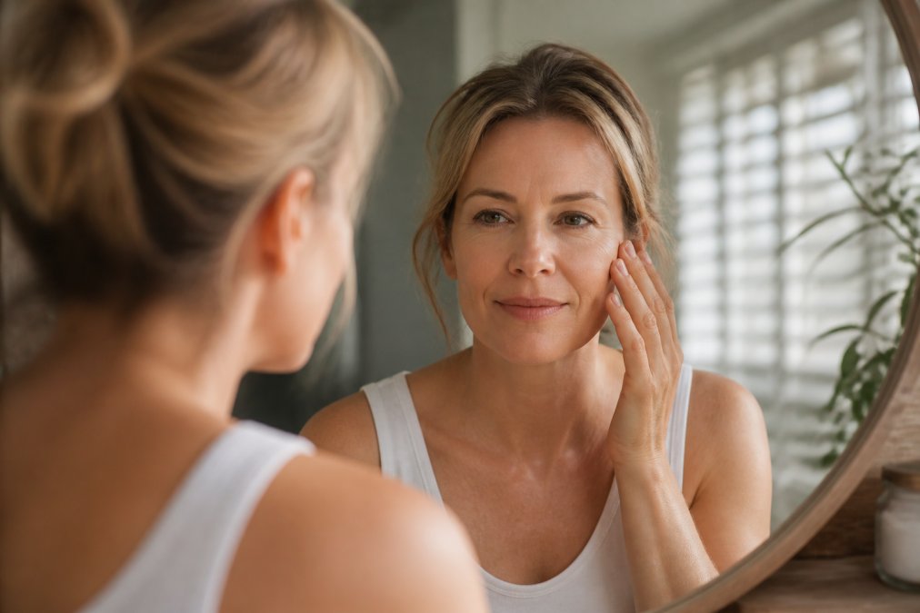 Vrouw die zich in een spiegel bekijkt en haar gezicht aanraakt, met natuurlijk licht en een rustige, vertrouwde uitdrukking