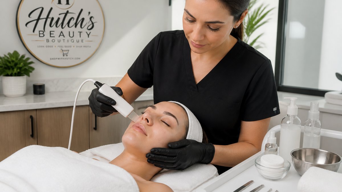 Professional using an ultrasonic skin scrubber for blackheads at a 45-degree angle in a bright clinic