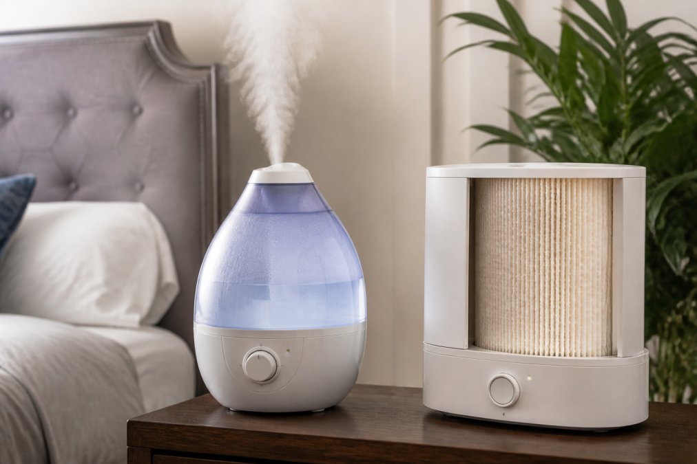 A modern ultrasonic humidifier releasing a visible cool mist on a bedside table next to a clean evaporative humidifier with a visible wick filter, both in a bright, cozy bedroom setting