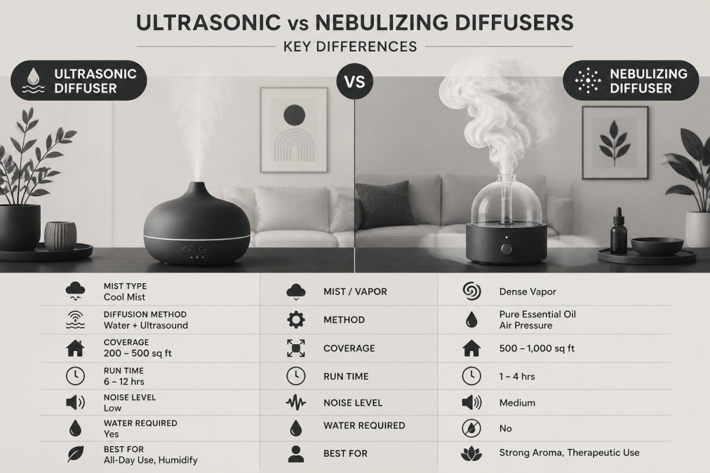Side-by-side comparison of an ultrasonic diffuser releasing soft, visible cool mist next to a nebulizing diffuser producing dense aromatic vapor in a modern living room with warm natural lighting