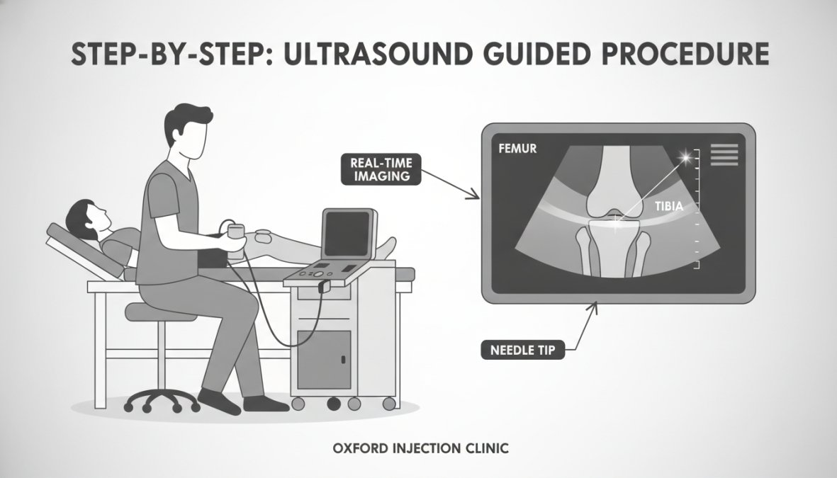 Process diagram showing steps for ultrasound guided injections