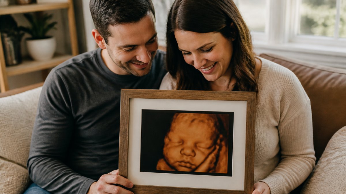 Expectant parents smiling while holding a framed 3D ultrasound photo in a cozy living room, soft natural light through the window
