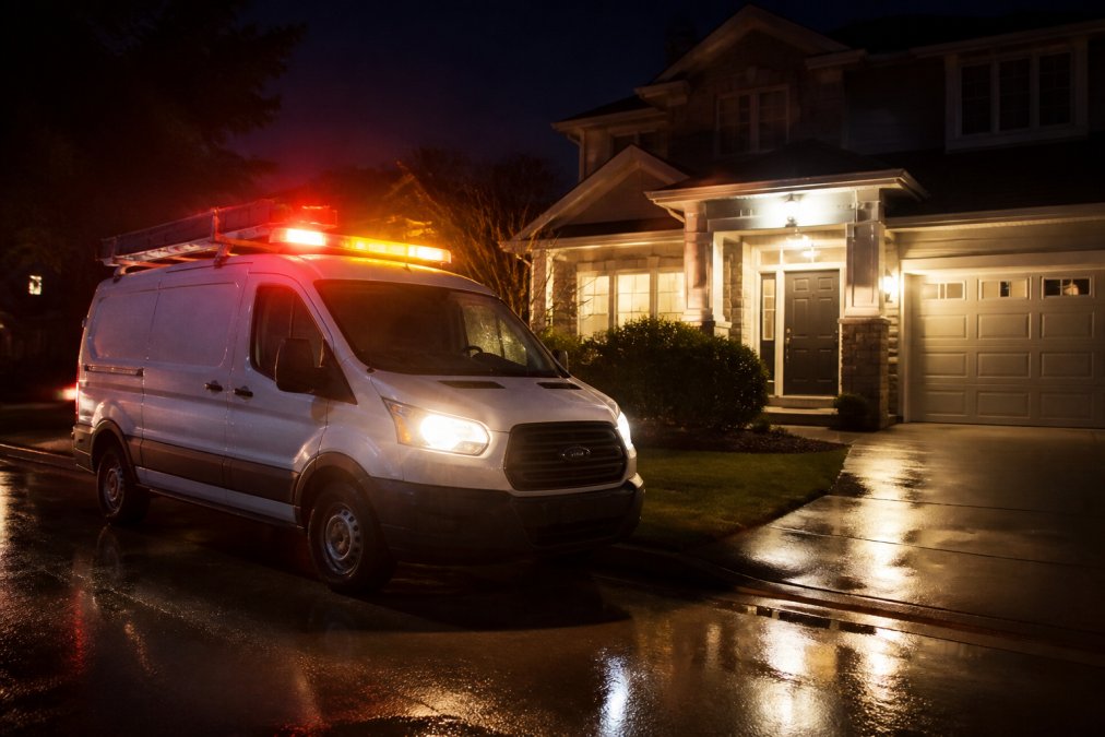 Plumber's service van with emergency lighting visible, parked outside a residential home at night with exterior lights illuminating the front entrance