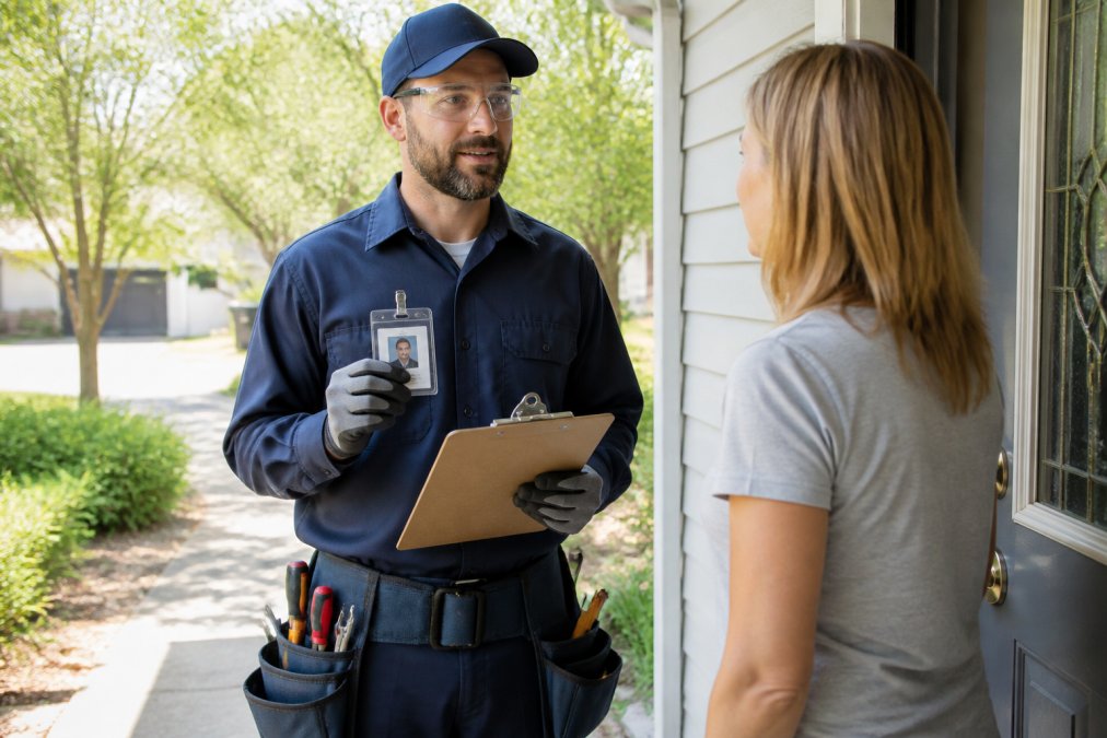 Certified plumber in uniform and safety gear holding credentials and inspection clipboard, discussing service details with homeowner at their front door in daylight