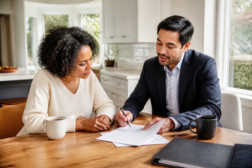Homeowner and insurance agent reviewing policy documents together at a kitchen table, discussing coverage details with reassuring conversation over coffee, natural afternoon light through windows