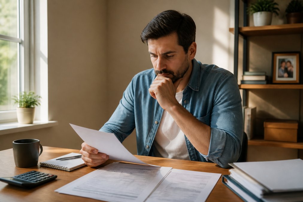 Young professional or business owner at desk, looking thoughtful while reviewing financial documents and considering asset protection options, natural desk lighting with financial papers and laptop visible