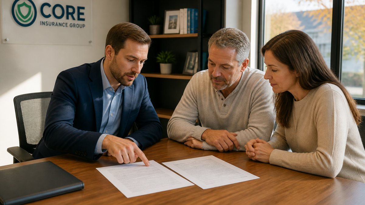 An insurance agent at a wooden desk reviewing two separate policy documents with a homeowner couple, pointing at different sections of each page, warm afternoon light through office windows