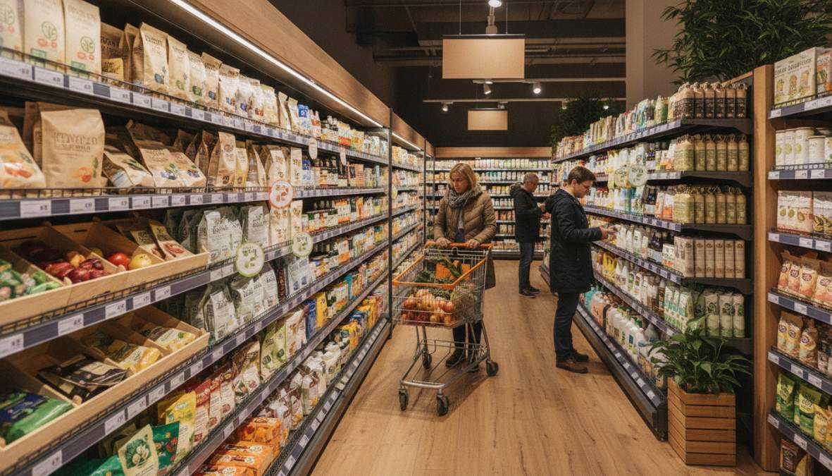 Modernes Supermarktregal mit Bio-Produkten und Nachhaltigkeitssiegeln, um den Umsatz steigern durch nachhaltiges Sortiment.